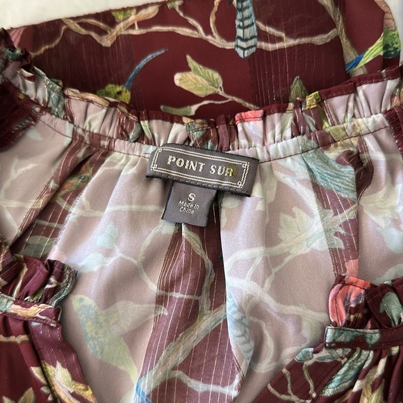 J. Crew Point Sur Deep Brown Ruffle Blouse Cottage Bird Print Semi Sheer Top - Picture 7 of 9